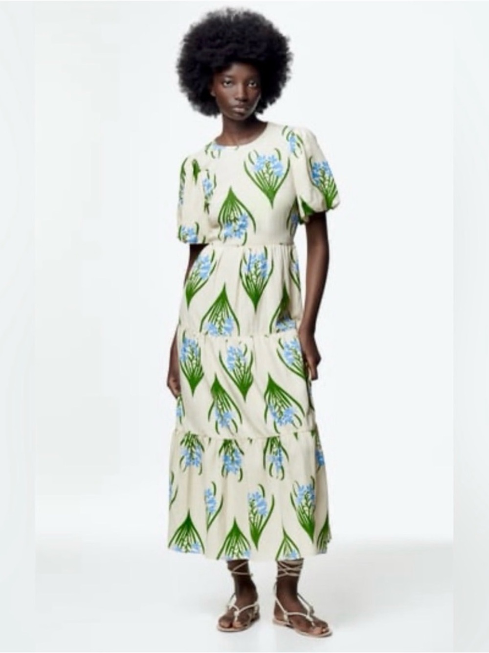 ZARA Ecru Floral Linen Blend Backless Cream Maxi Dress size Medium Puff Sleeves